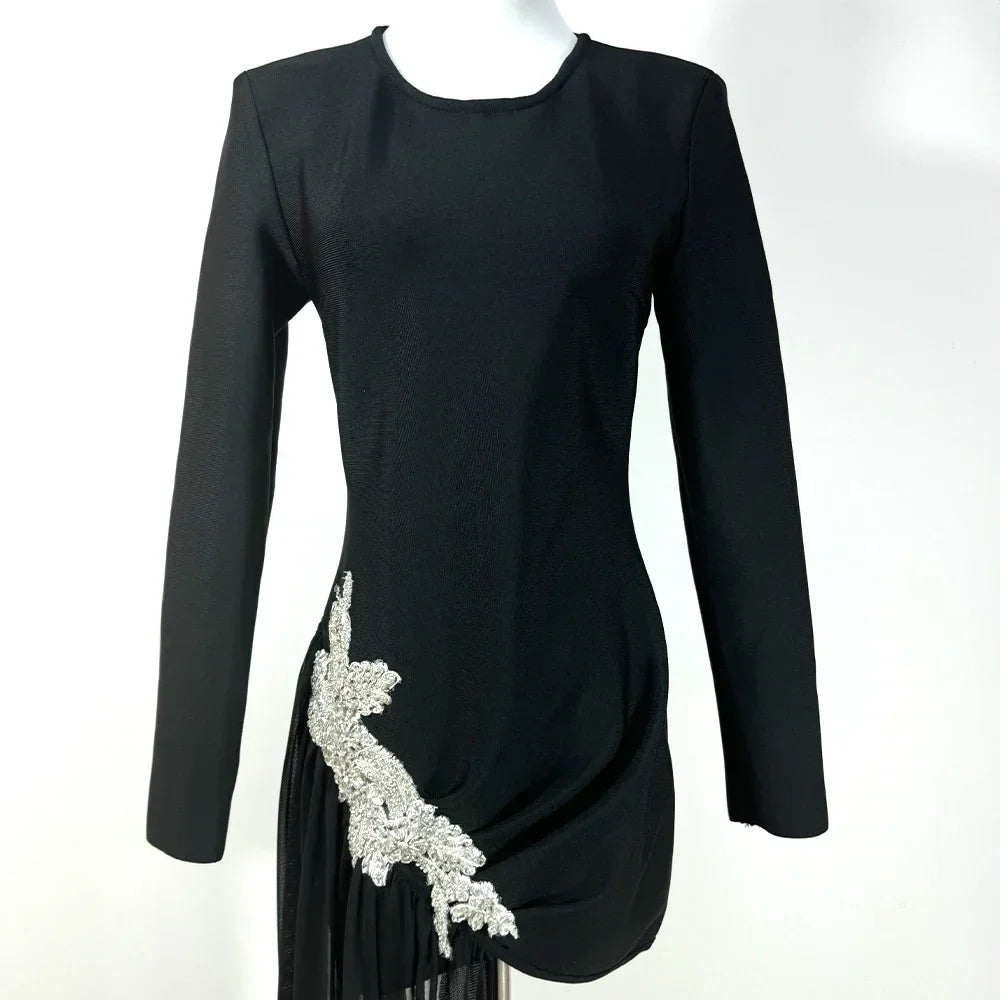 GPBD Sexy Bead Appliques Irregular High Low Dress Black Long Sleeved O-Neck Long Dresses Autumn Clothes Women 2024