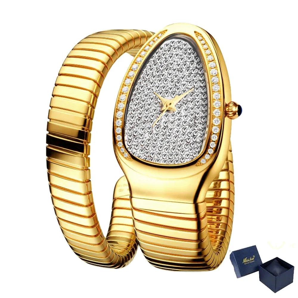 Classic Snake Shape Watch For Women Gold Silver Scaleable Bracelet Womens Watches Bling Diamonds Quartz Ladies Wristwatch