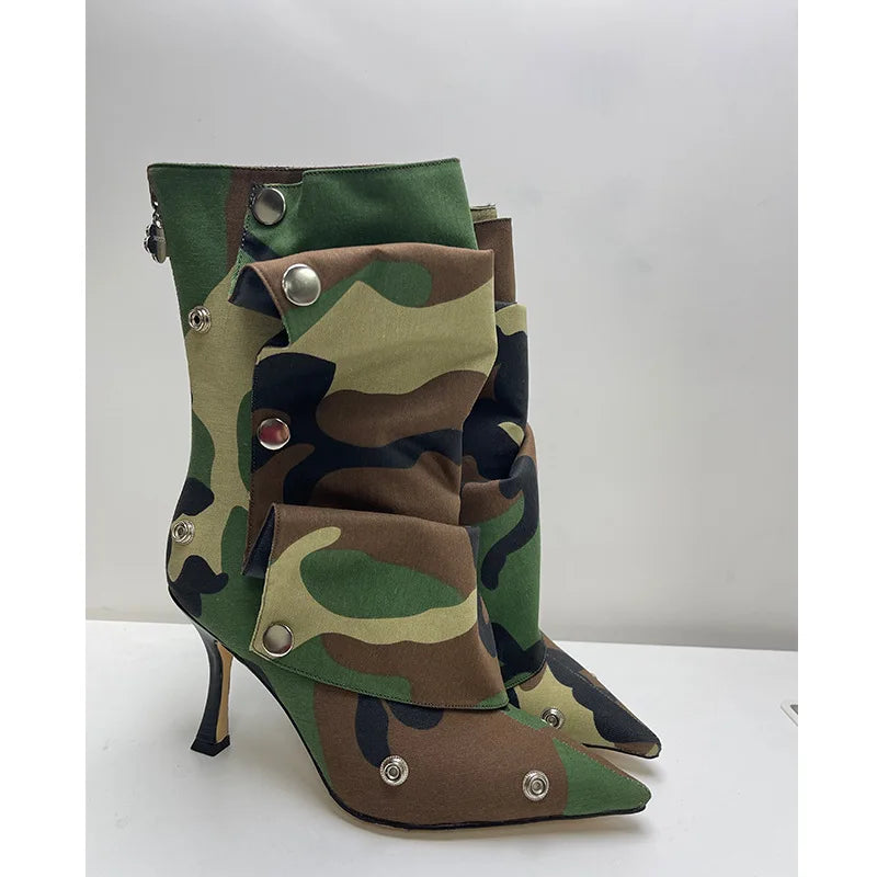 2025 Classics Women Pointed Toe Strange Heels Boots For Woman's Rivet Button Zipper-Sid Solid Color High Heels Shoes Botas Altas