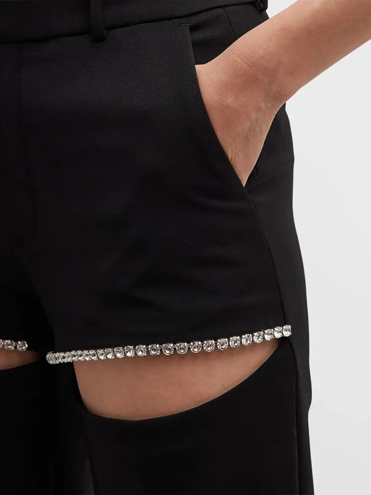 TWOTWINSTYLE Solid Wide Leg Pants For Women High Waist Hollow Out Spliced Diamonds Loose Straight Pant Female Fashion Clothing