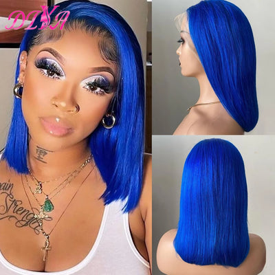 Blue Bob Wigs Human Hair 13x4 HD Lace Frontal Wig Human Hair Pre Plucked 180% Density Straight Short Blue Bob Wigs for Women