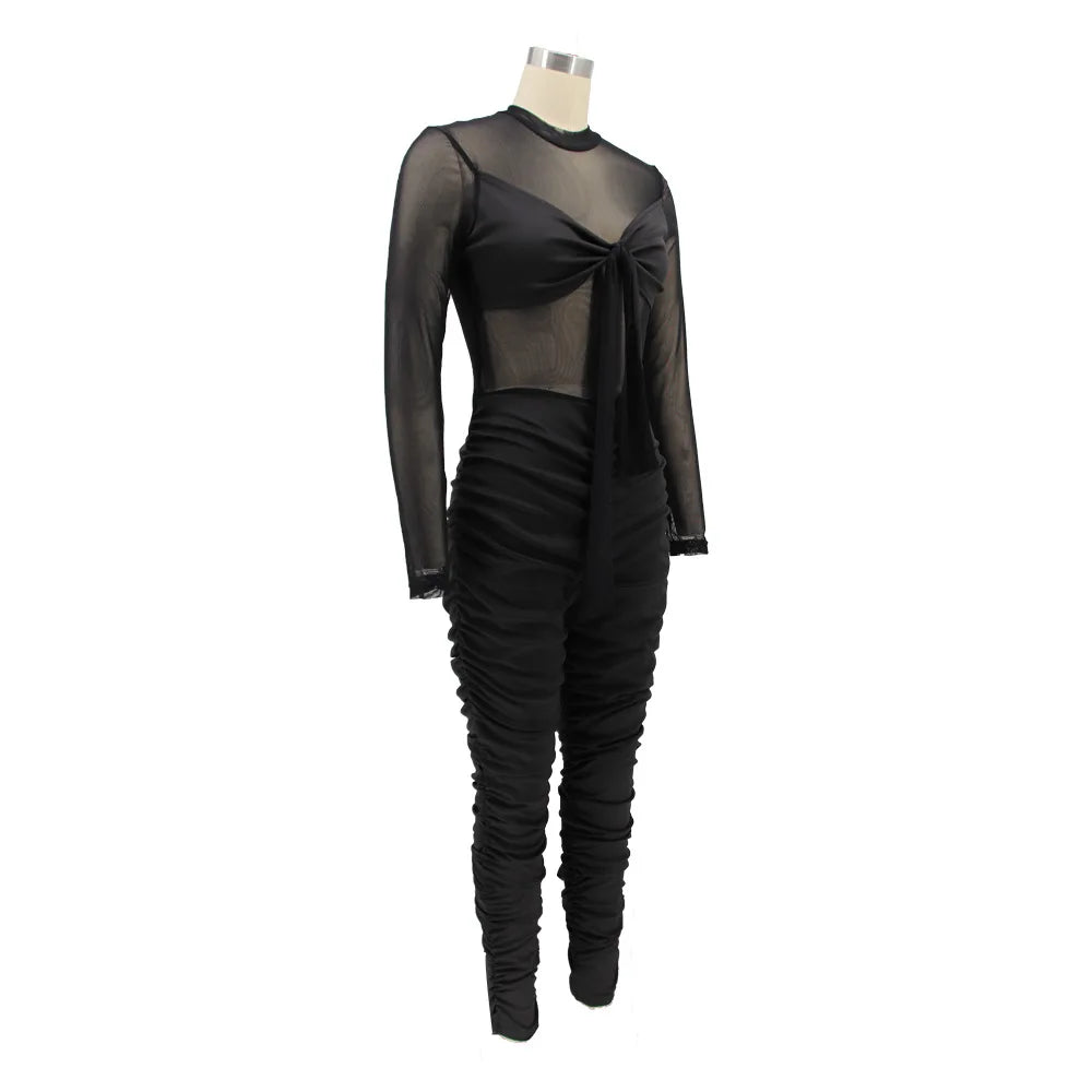 Sexy Mesh Patchwork Jumpsuits for Women Elegant Long Sleeve Bandage One Piece Party Long Bodysuit