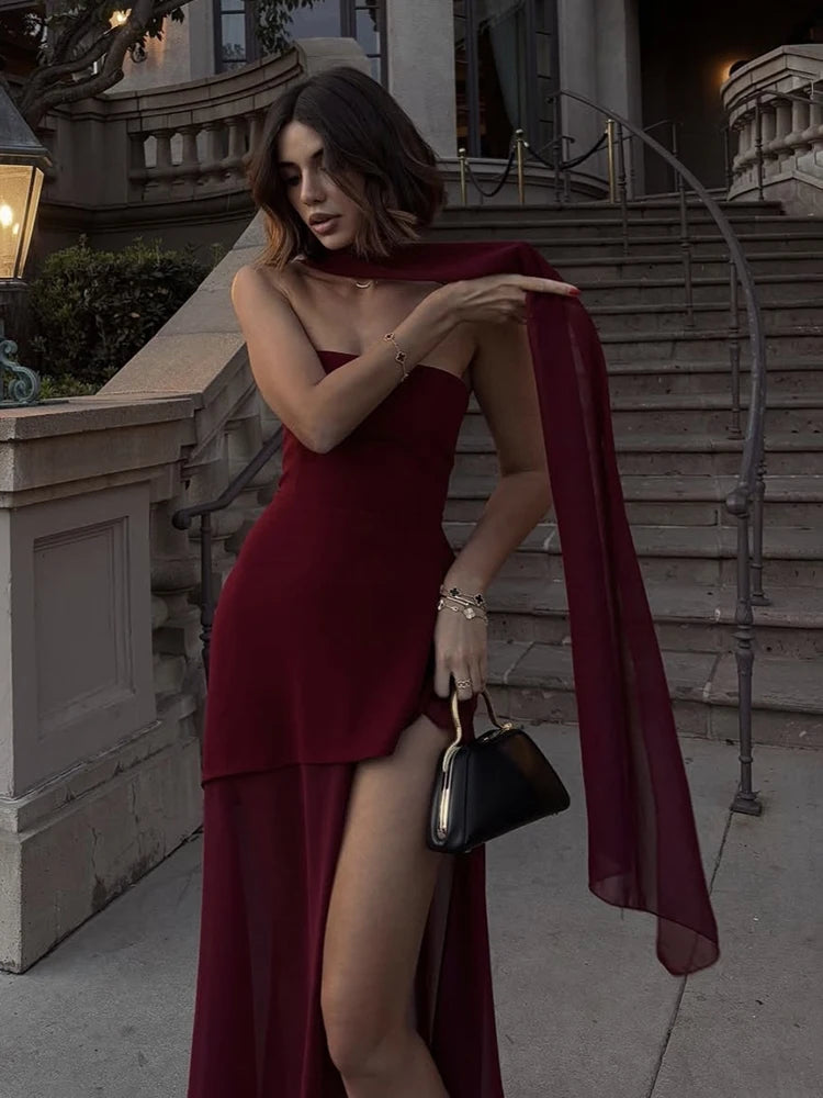 TARUXY Fashion Strapless Dress With Ribbon Female Elegant Sleeveless Mesh Beach Vacation Long Dress 2025 Spring New Women Dress