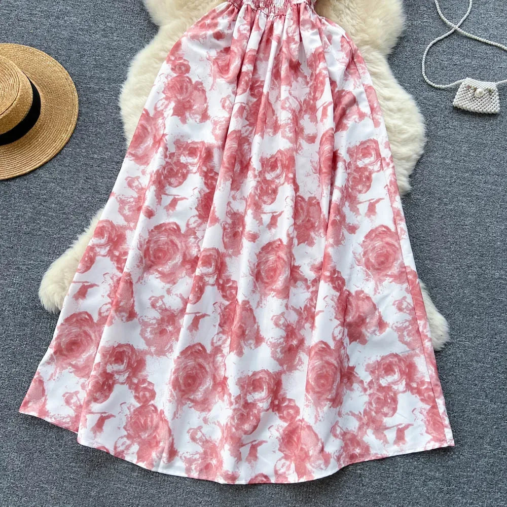 2024 New Summer Korean Fashion Rose Flower Print Romantic Retro Party Dress Elastic High Waist Vacation Long Dress Beach Vestido