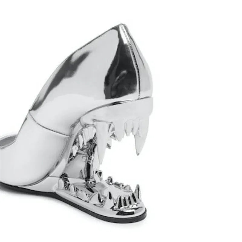 Women's New Pointed Shallow Mouth Metal Fabric Tiger Teeth Slope Heel Shoes Large 43