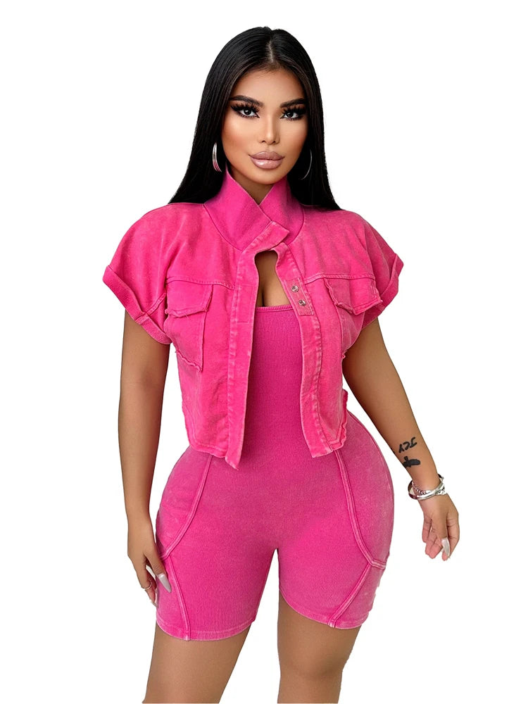 Women Clothes Sexy Female Fitness Gym Jumpsuit Shorts Acid Wash Vintage Bodycon Romper One Piece Short Sleeve Jacket 2 Piece Set