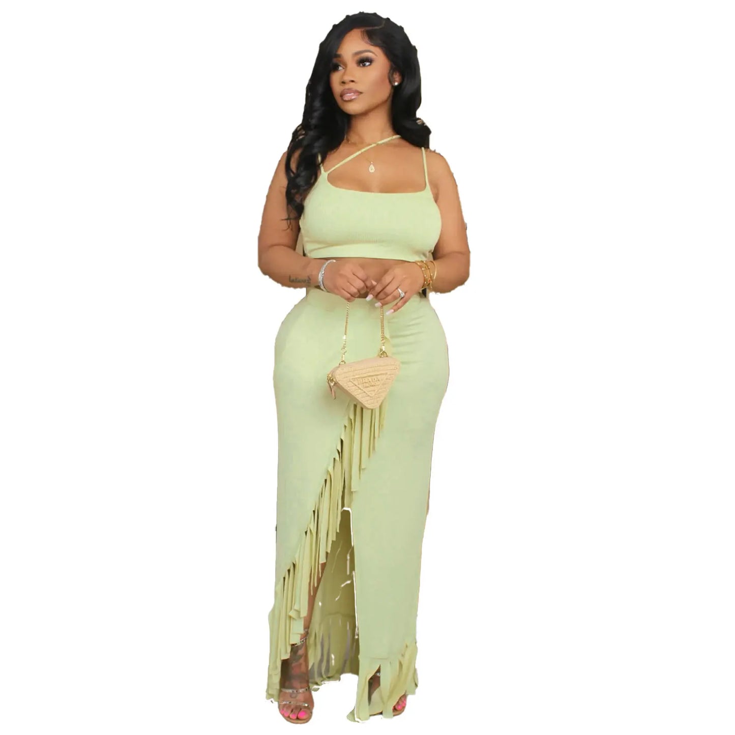 CM.YAYA Summer Women Sets Sleeveless Sexy Strap Crop Top and Tassel Long Skirt Sets Night Club Party Beach 2 Two Piece Sets