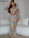Beyprern Tropical Goddess Floral Skirt Set Two-Piece Dress Holiday Outfits Summer Womens Printed Bra Crop Top And Matching Set