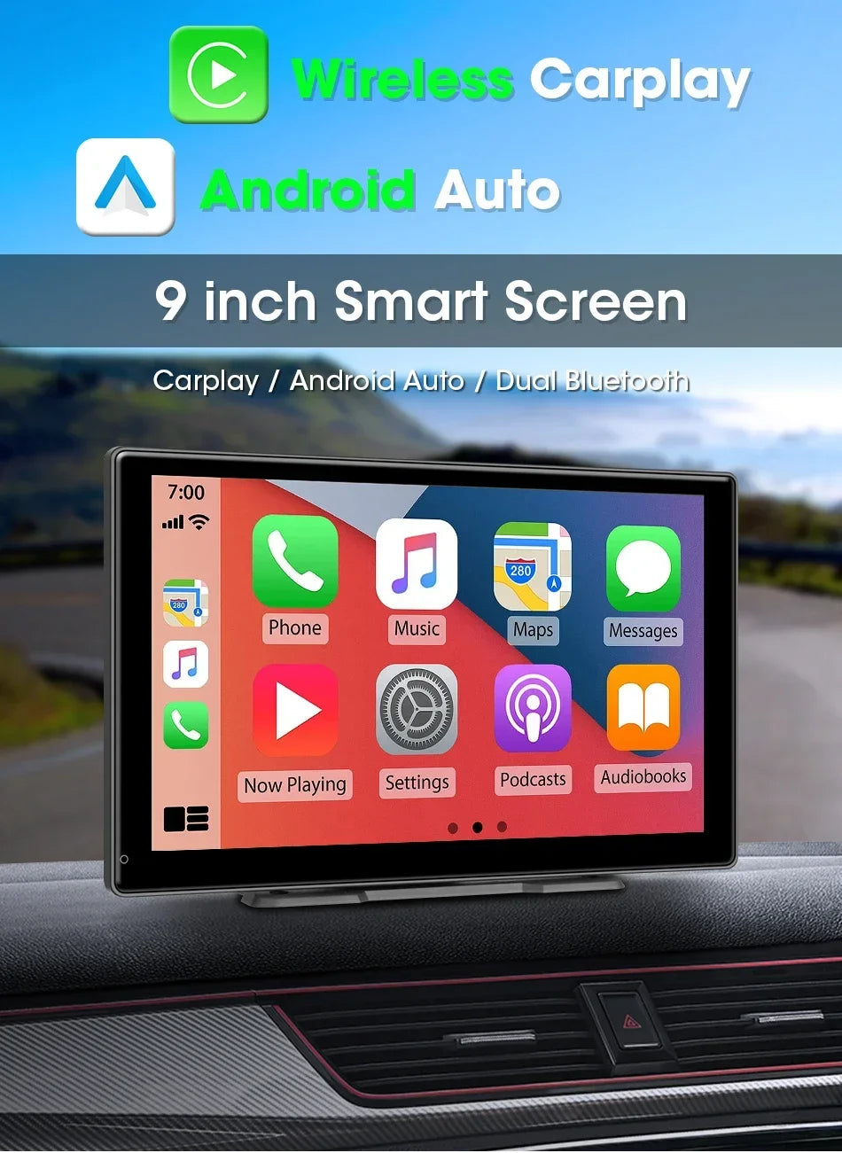 Srunbi 9 Inch Carplay MP5 Portable Smart Player Monitor Wireless Android Auto&Carplay Dual Bluetooth Music AUX USB BT 5.0 IPS