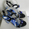 Luxury Diamond Crystal Decor Modern Sandals Women Blue And White Porcelain Print Ankle Strap Summer Shoes For Girls