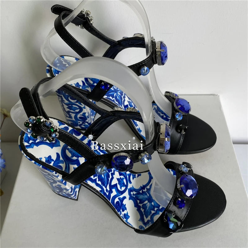 Luxury Diamond Crystal Decor Modern Sandals Women Blue And White Porcelain Print Ankle Strap Summer Shoes For Girls