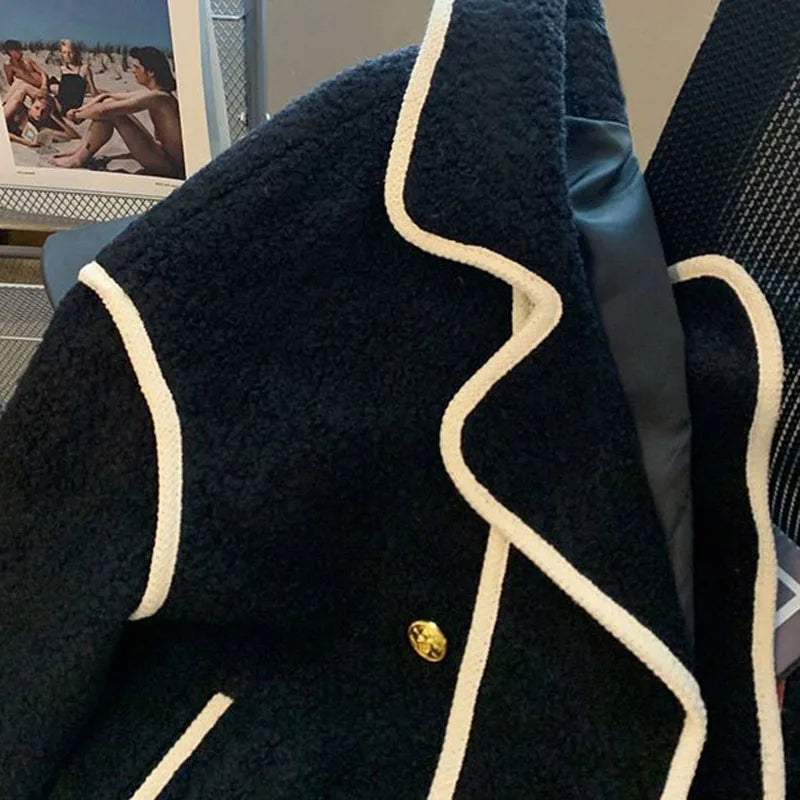 Autumn Winter Turn Down Collar Lambwool Coat Women Vintage Splices Loose Jackets Female Coat Thicken Outwears Women Jacket