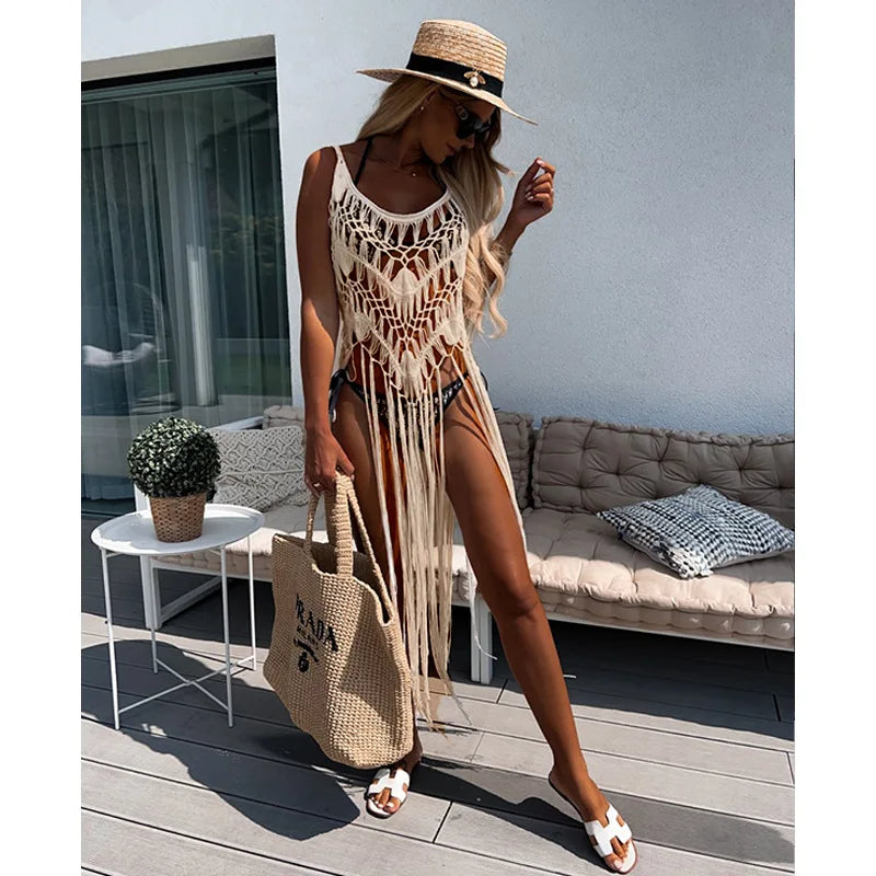 2024 Beach Cover Ups for Swimwear Women Sexy Hand Hook Hollow Out Sunscreen Shirt with Long Tassel Beach Cover