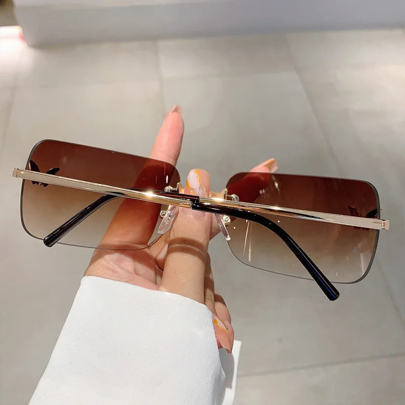Y2K Luxury Brand Designer Rimless Square Sunglasses Women For Female Trendy Sun Glasses Diamond Butterfly Pink Punk Shades UV400