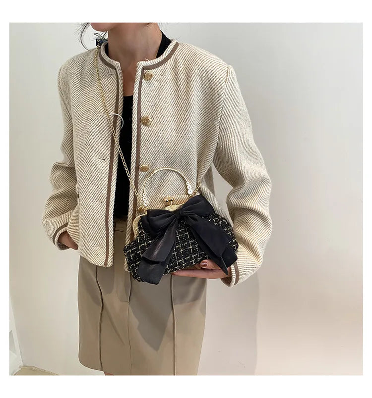 Glittering Chain Plaid Pattern Evening Bag For Women Bow Decor Shoulder Bag, Fashionable Elegant Clutch, Women‘s Crossbody Bag
