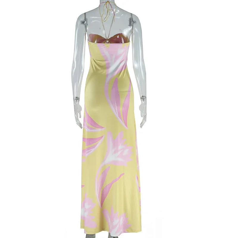 Women's Floral Print Sexy Halterneck Strappy Strapless Backless Slim Long Dress 2024 Summer Holiday Beach Loose Evening Vestidos