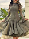 TWOTWINSTYLE Women's Dress Irregular Pleated Patchwork Fashion Long Lantern Sleeve Waist Cinching Mini Dresses 2024 New Clothing