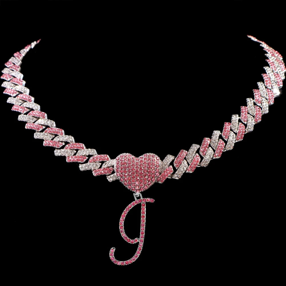 Hip Hop Bling Pink Crystal Cursive Initial Letter Cuban Necklace for Women Iced Out Paved Cuban Chain Necklace Choker Jewelry