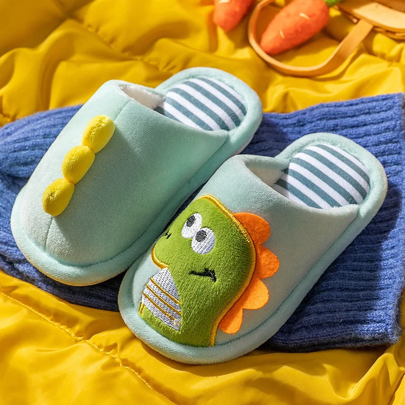 Children Cartoon Dino Fur Slipper Soft Autumn Winter Warm Princess Baby Boys Girl Indoor Home Bedroom Cotton Fleece Fur Shoes