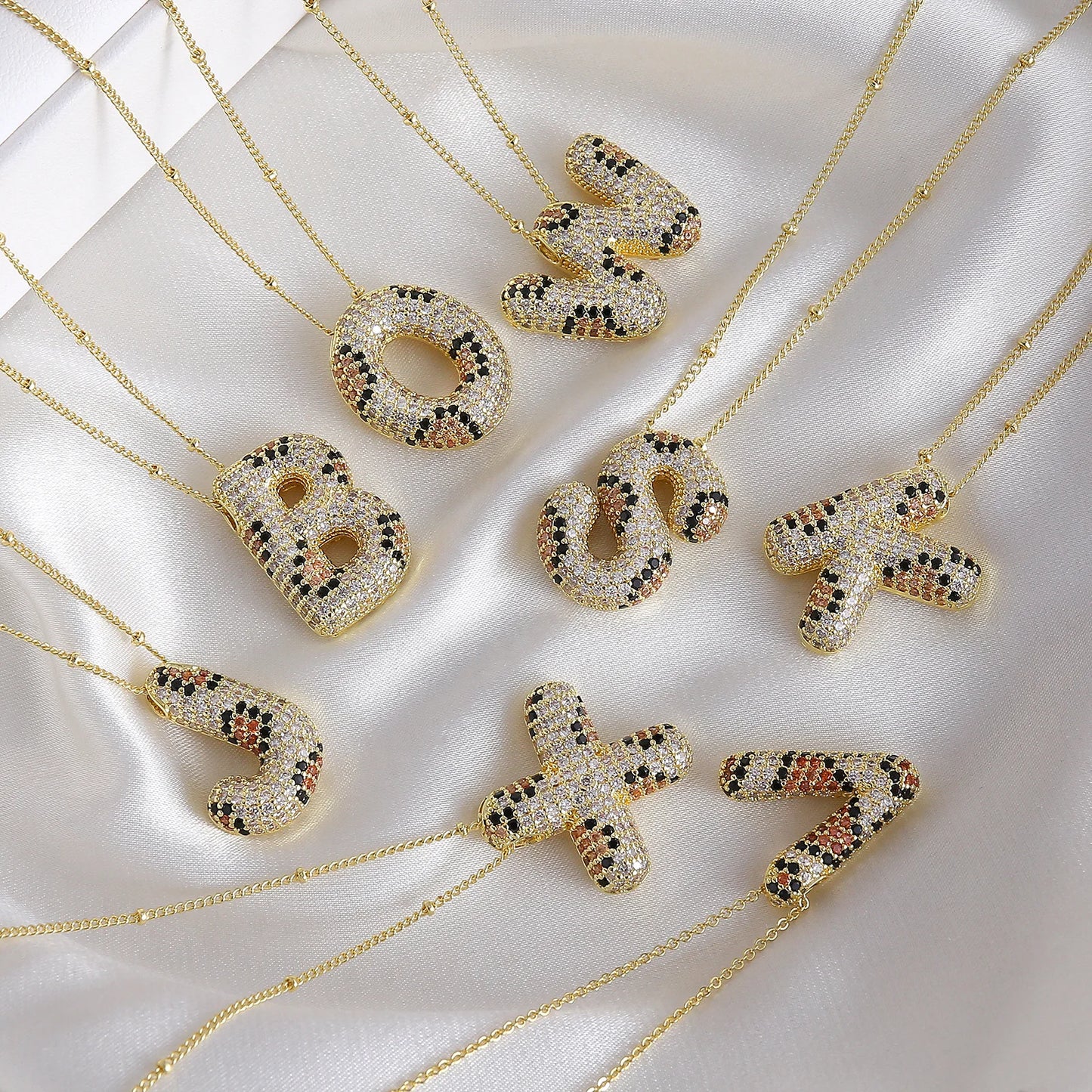 MHS.SUN New Leopard Bubble Letter Necklace Gold Plated Chunky Bubble Zircon 26 Initial Pendant Necklace Women Fashion Jewelry