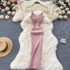 Summer V Neck Knit Sexy Strap Dress Women Elatic Waist Bodycon Sundress Female Beach Backless Maxi Long Dress