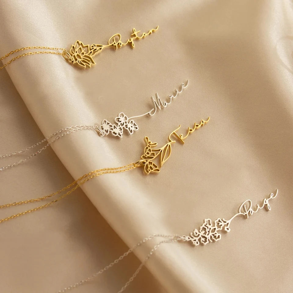 eManco Custom Birth Month Botanical Flower Pendant Stainless Steel Gold Plated Personalized Name Necklace Women's Accessories