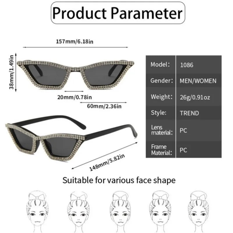 KLASSNUM Luxury Cat Eye Sunglasses Women Men Fashion Diamond Triangle Brand Designer Glitter Sun Glasses UV400 Shades Eyeglasses