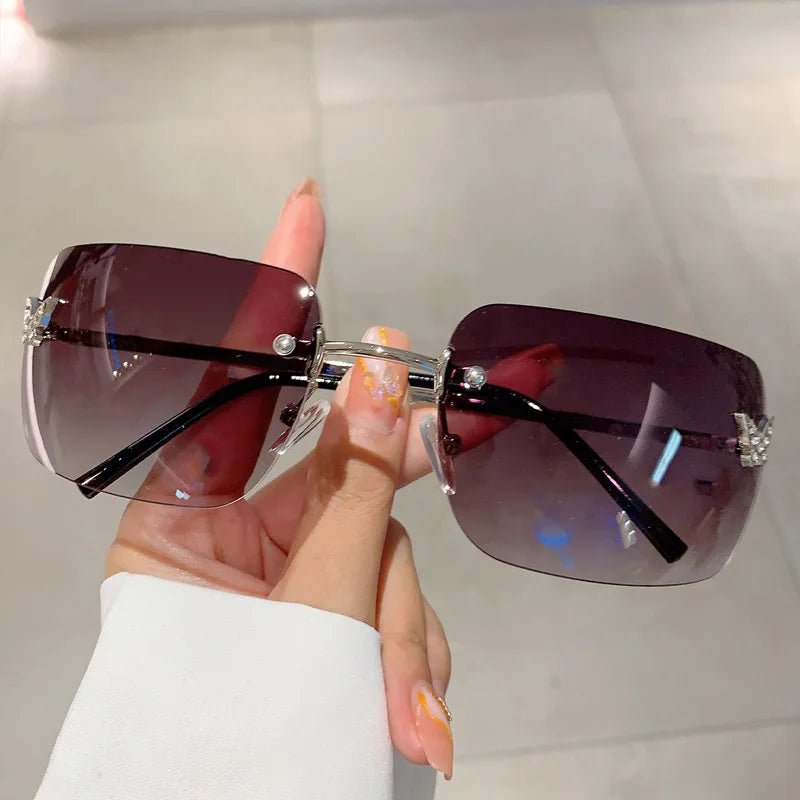 Y2K Luxury Brand Designer Rimless Square Sunglasses Women For Female Trendy Sun Glasses Diamond Butterfly Pink Punk Shades UV400