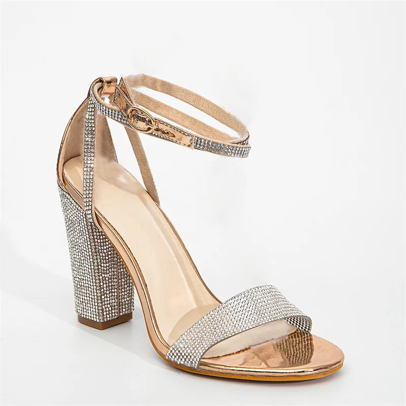 Liyke Sexy Crystal Ankle Strap Sandals Women Elegant Party Wedding Rhinestone High Heels Summer Open Toe Ladies Dress Shoes Gold