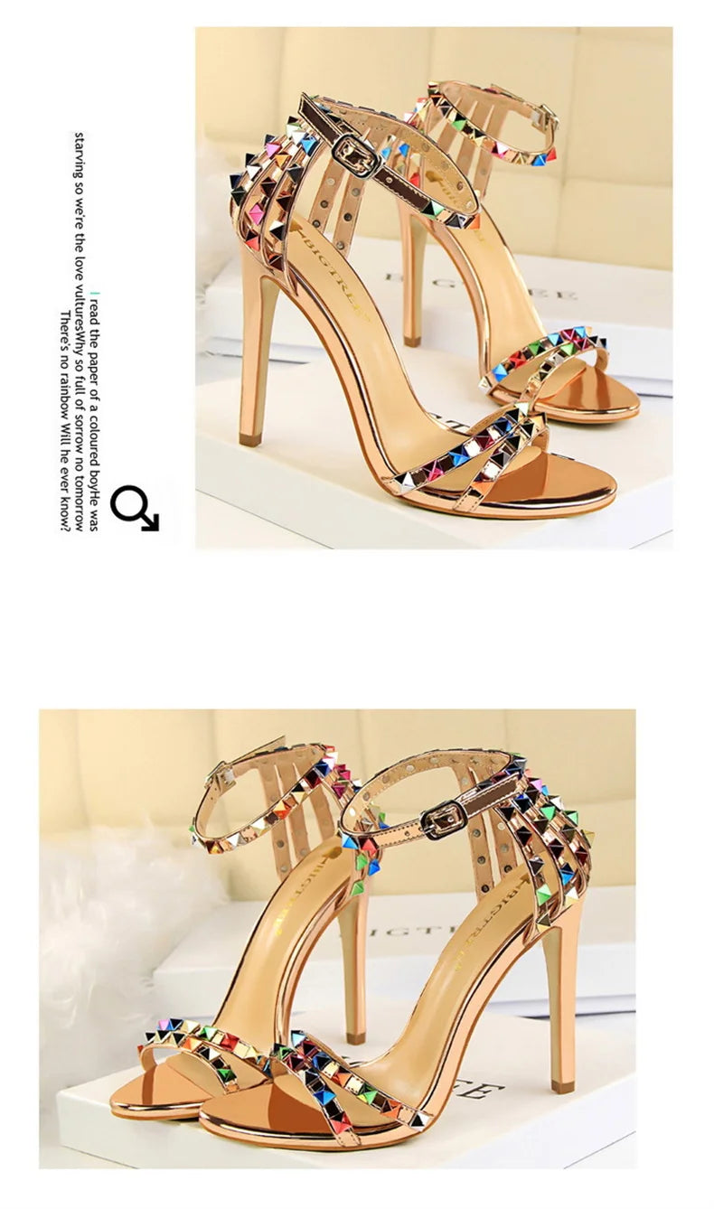 Summer Women Roman High Heels Rivets Studded Sandals Stiletto Gladiator Pumps Open Toe Luxury Shoes Hollow One-word Buckle 267-2