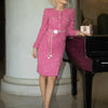 Modphy Autumn Fashion Rose Red Woolen Two Piece Set Women Golden Button Chain Belt Tweed Short Jacket Coat+Split Midi Skirt Suit