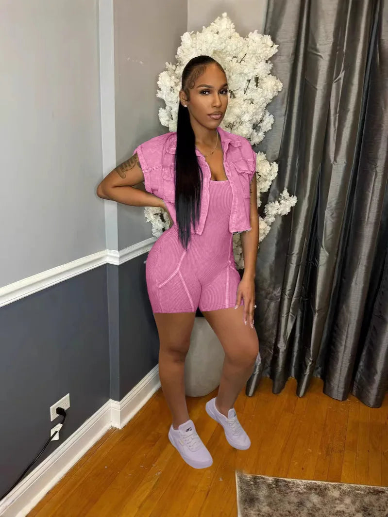 HLJ High Quality Women's Shorts Outfits Cotton Crop Jacket+Bodysuits 2 Piece Set Casual Vintage Two Piece Set Women's Spring New