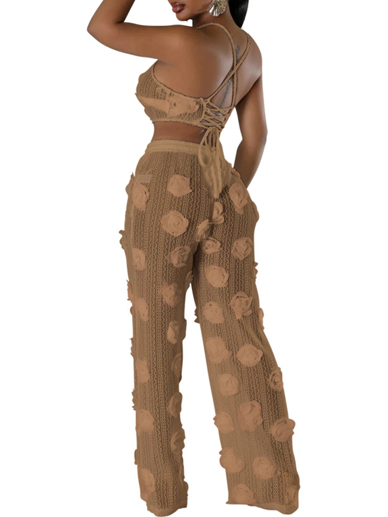 Sexy see through lace up vacation jumpsuits women summer body party club outfits streetwear womens jumpsuit Wide leg pants sets