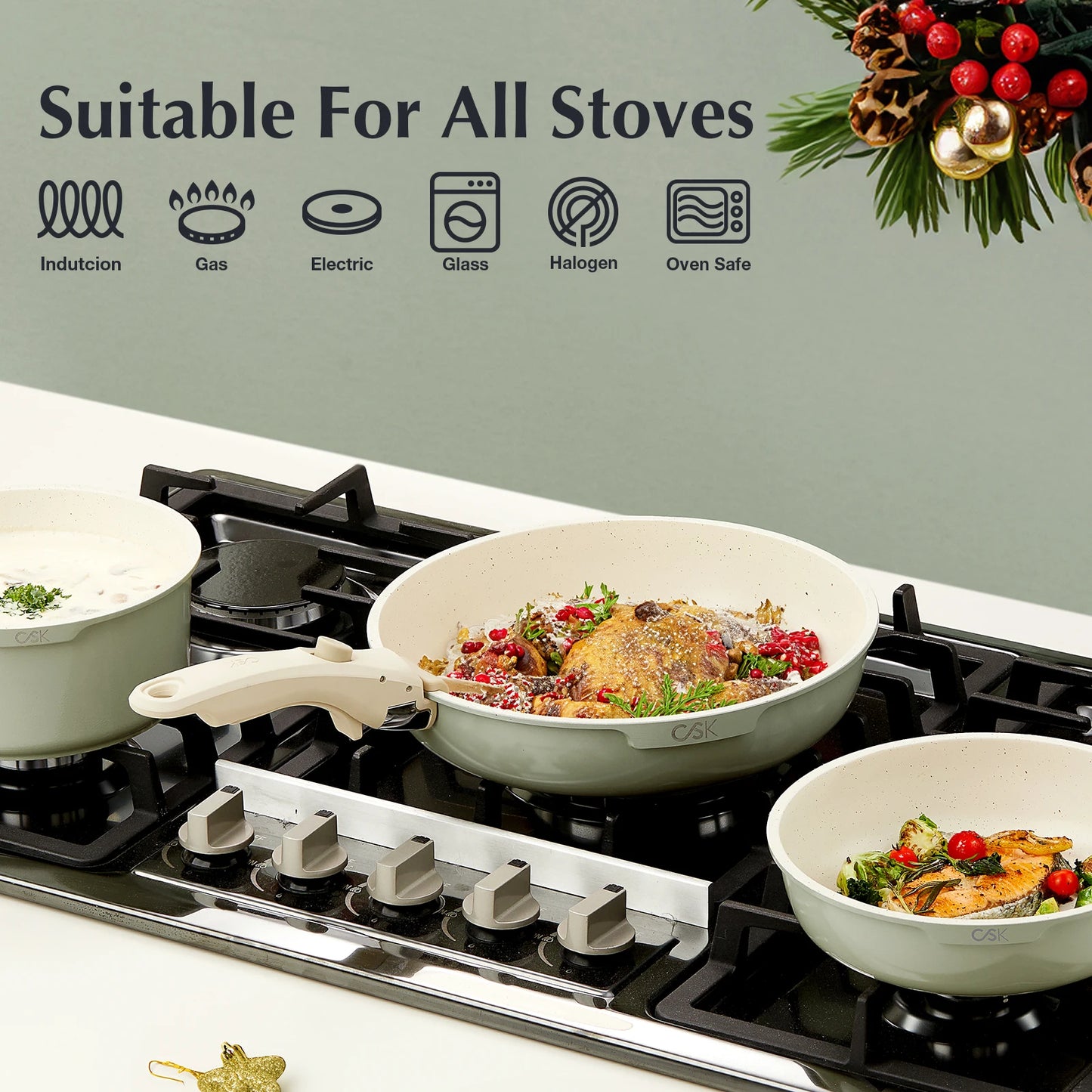 17pcs Cookware Set Non Stick, Green Stackable Cooking Pots and Pans Set with Removable Bakelite Handle and Glass Lid, Oven Safe