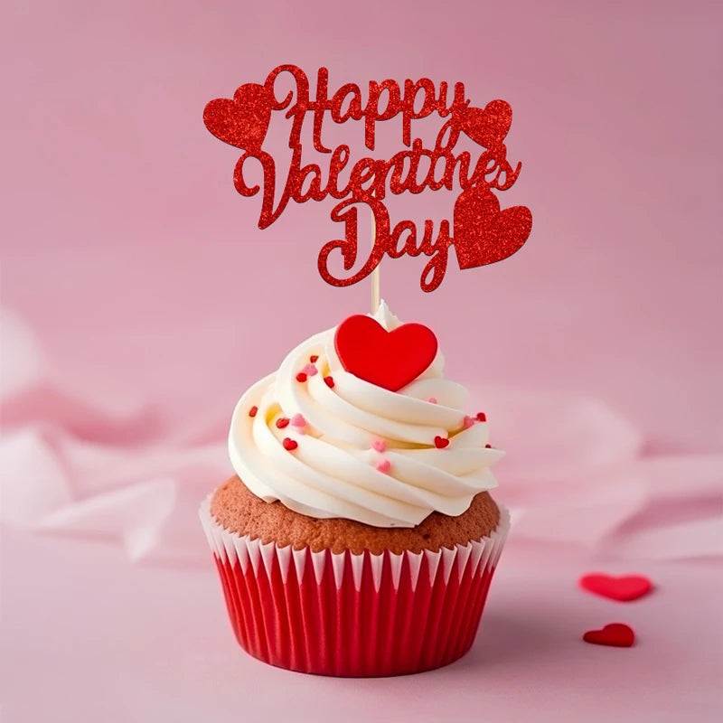 YOMDID 24Pcs Happy Valentines Day Cupcake Toppers Glitter Red Decorations Valentines Day Cupcake Picks Gift for Valentine\'s Day