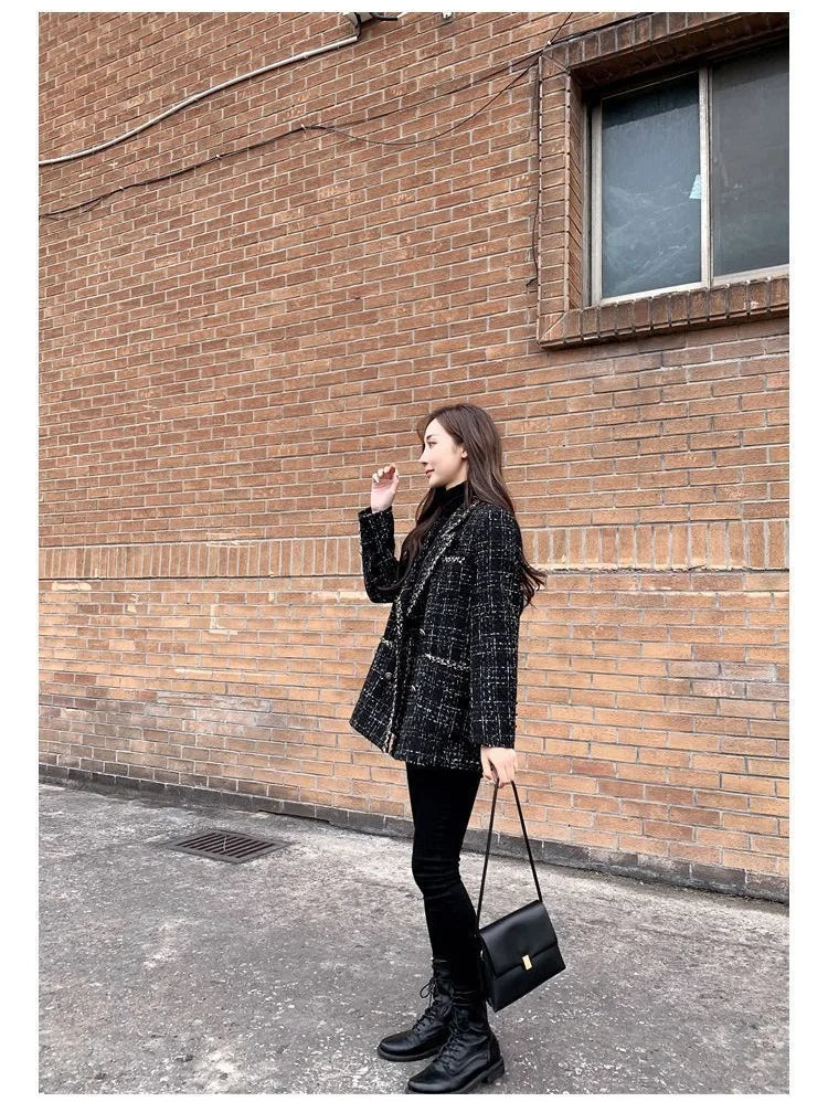 Tweed Plaid Suit Jacket Women Outwear Loose Mid-Length Double-Breasted Casual Woolen Blazer Top 2024 Spring Autumn New Chic Suit