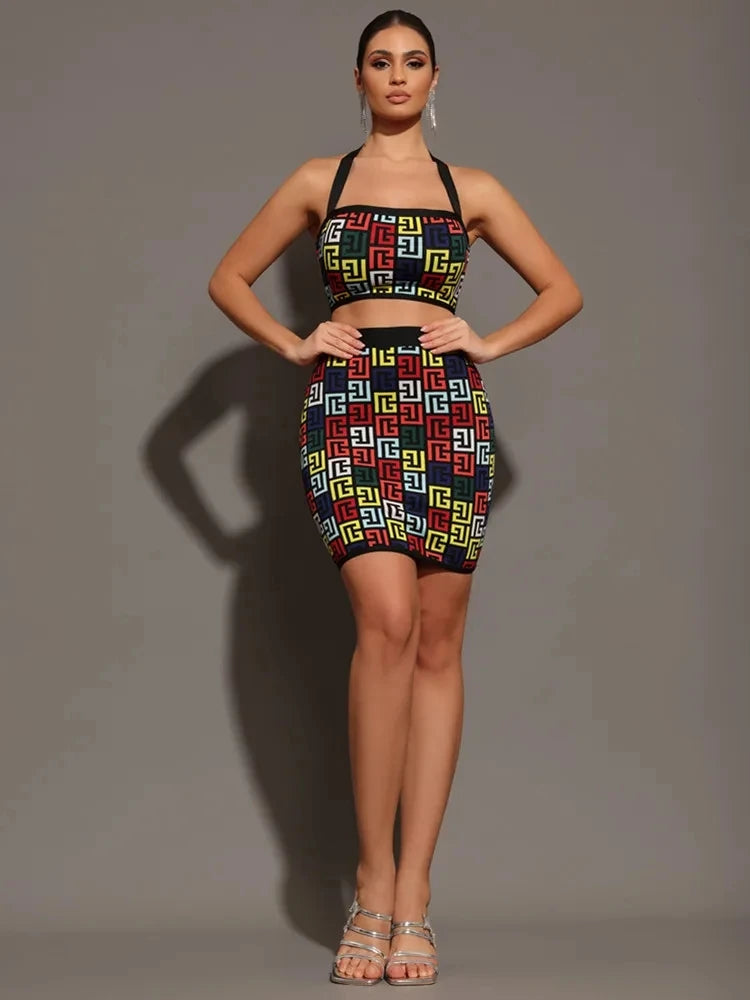 Women 2025 New Sexy Backless Halter Jacquard Two Piece Mini Skirt Bandage Set Celebrity Designer Evening Party Women's Set