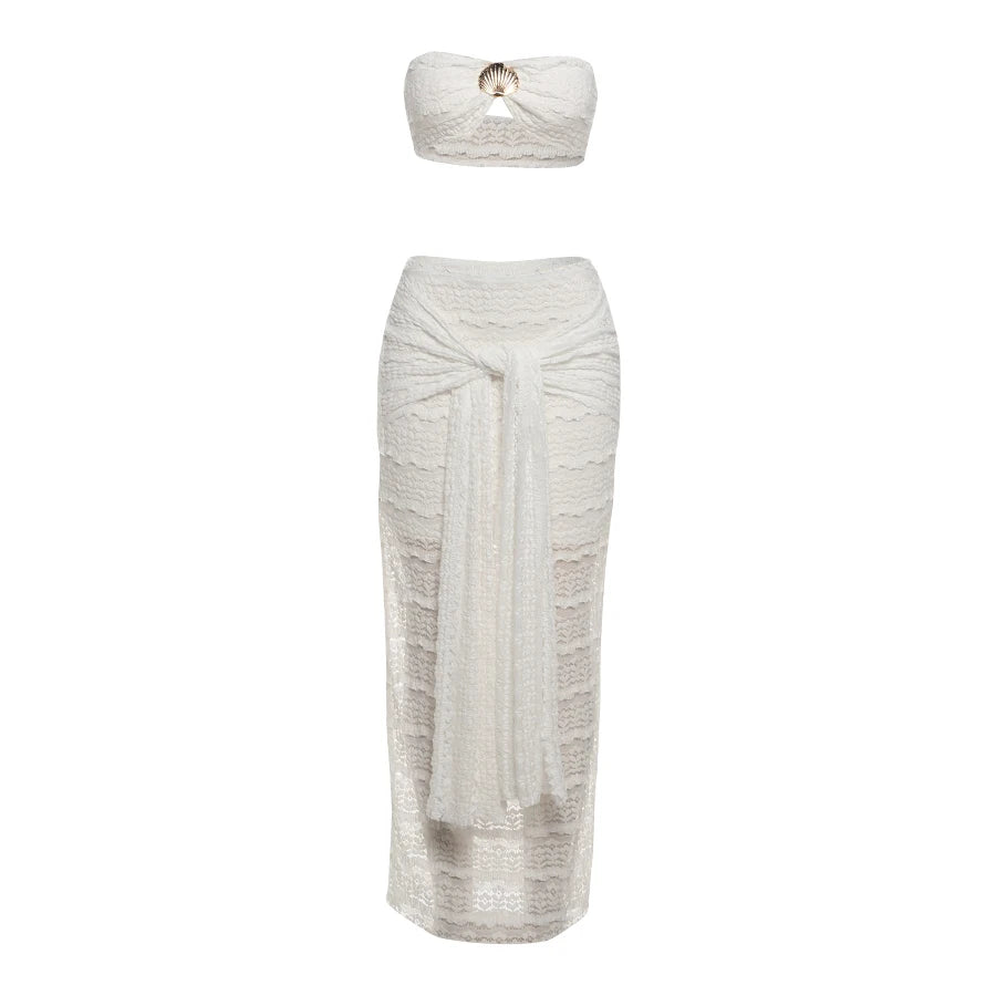 Weird Puss Elegant Women 2piece Set Sexy See Through Thin Tierred Y2K Seashell Tube Top+Wrapped Bandage Skirts Matching Clubwear