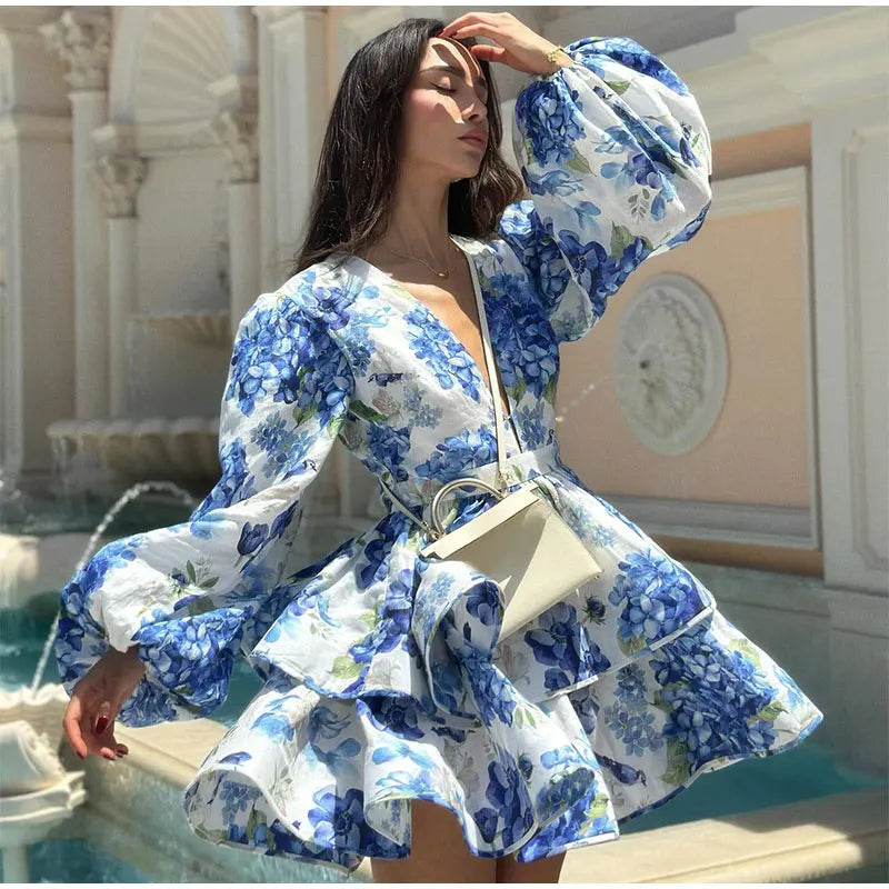 Women Tie-dye 3d Flower Deep V Neck Flare Sleeve Mini Dresses Fashion Slim Printed Multiple Pleat Vestidos New Lady Holiday Wear
