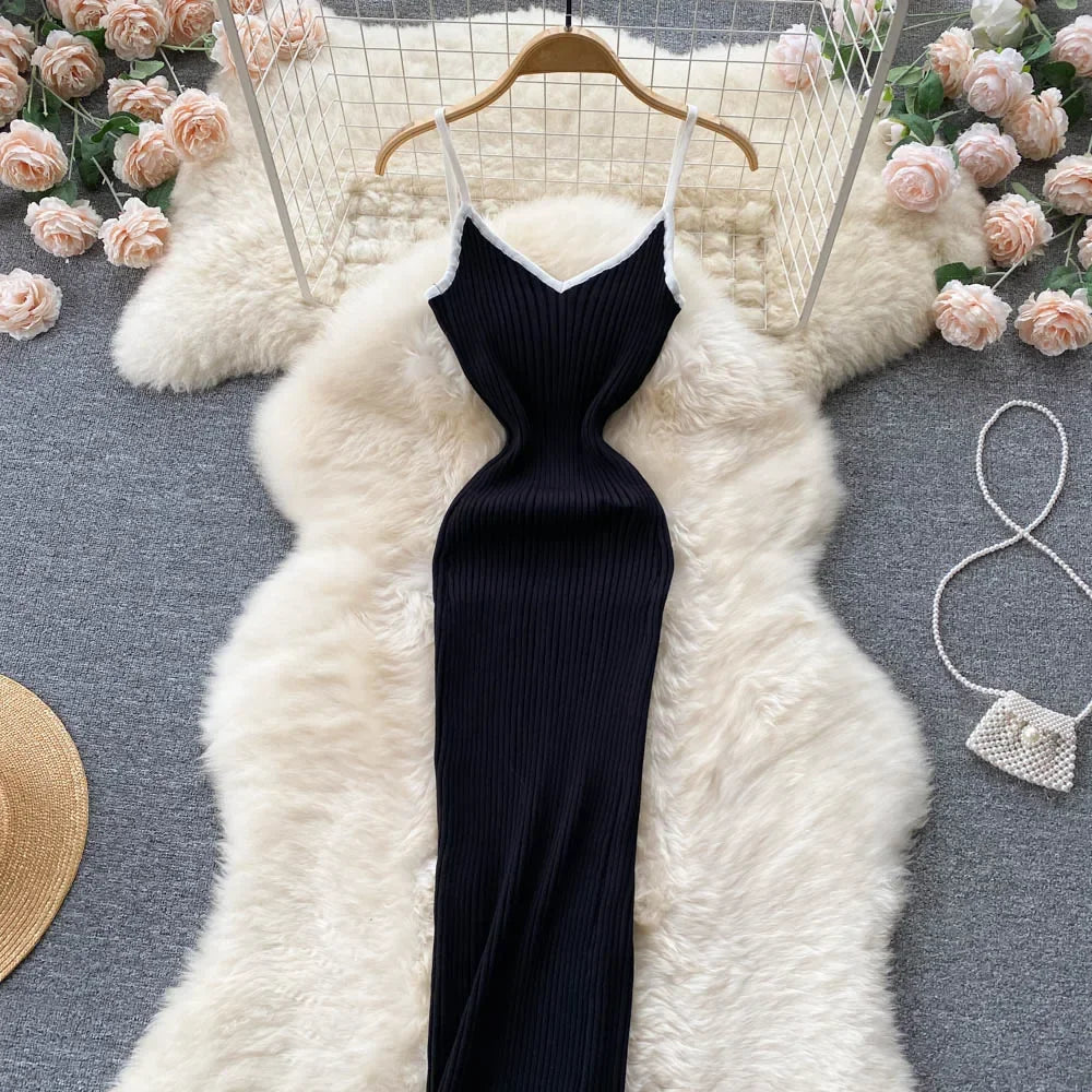 Summer V Neck Knit Sexy Strap Dress Women Elatic Waist Bodycon Sundress Female Beach Backless Maxi Long Dress