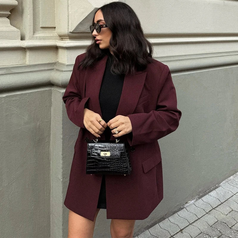 Elegant Blazers Women Office Wear Burgundy Long Blazer 2025 New Spring Casual Loose Suit Jackets Long Sleeve Business Outerwear