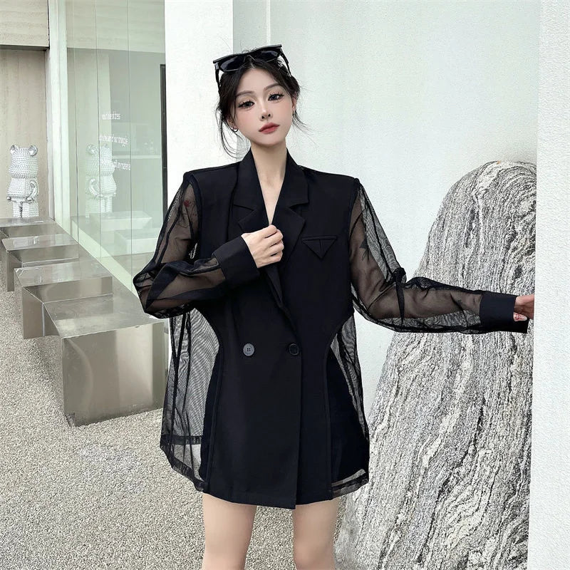 Fashion Hollow Out Mesh Patchwork Blazer for Women Y2K Korean Chic Net Long Sleeves Loose Black Coat Gothic Casual Suit Jacket