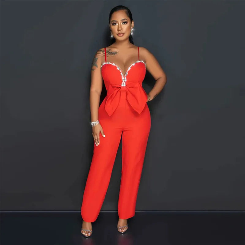 Spaghetti Strap Deep V Neck Sexy Women Straight Jumpsuits Rompers 2023 Rhinestone Big Bowknot Party Jumpsuit Birthday Outfits
