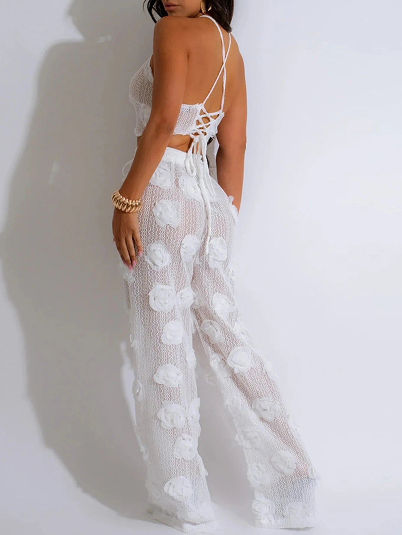 Sexy see through lace up vacation jumpsuits women summer body party club outfits streetwear womens jumpsuit Wide leg pants sets