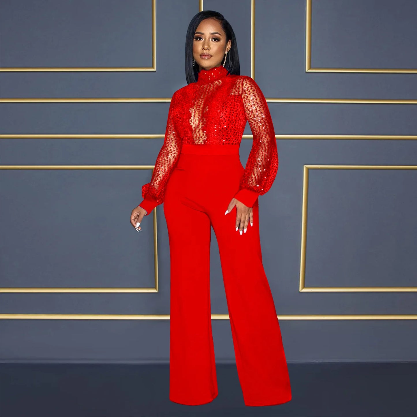 Fashion Women's Clothing Hollow Long-sleeved Loose Wide Leg Jumpsuits Overall Pants Solid Color Sexy Lace