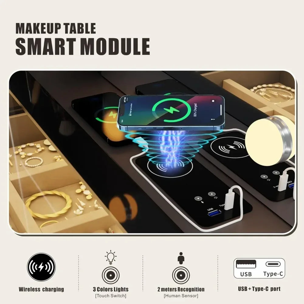 Makeup Vanity with Lights-Vanity Desk with 10 Light Bulbs&3 Color Lighting Modes-Dresser-Makeup Table with Mirror and Chair