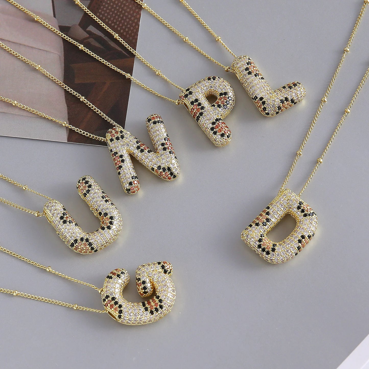 MHS.SUN New Leopard Bubble Letter Necklace Gold Plated Chunky Bubble Zircon 26 Initial Pendant Necklace Women Fashion Jewelry