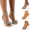 Comemore 2025 Rhinestone Bowknot Women Sandals Transparent High Heels Summer Sexy Square Toe Ankle Buckle Strap Shoes Stiletto
