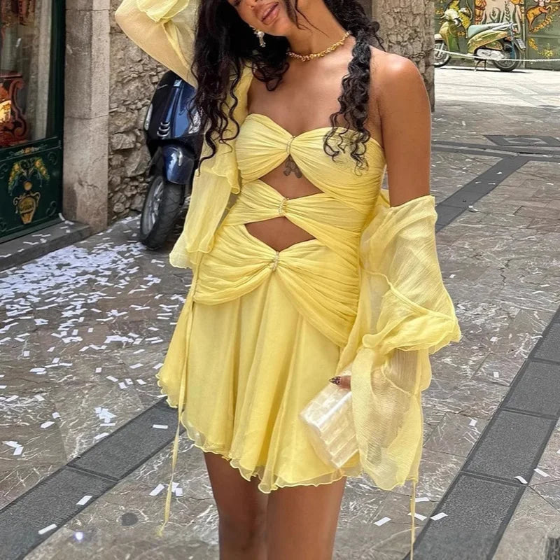 Female Solid Pleat Party Dress Women High Street Cocktail Mini Dress Sexy 2025 Strapless Night Club Hollow Backless Mini Dress