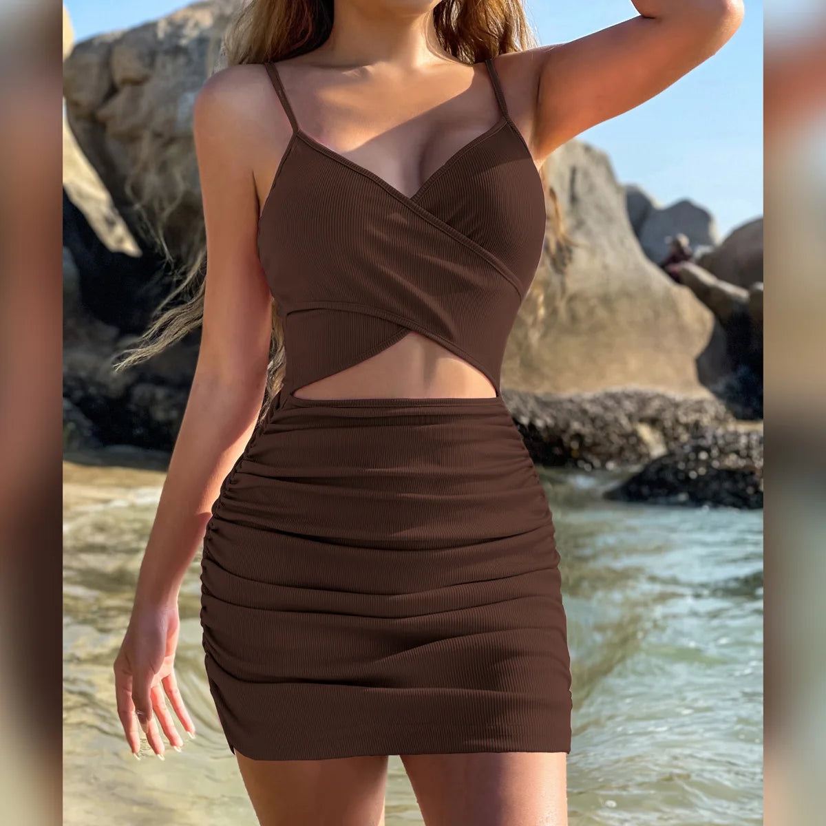 Women Sexy Cutout Bodycon Dress Euro Style Cross Back Straps Hollow Out Nightclub Party Evening Outfit Slim Fit Stretchy Dress